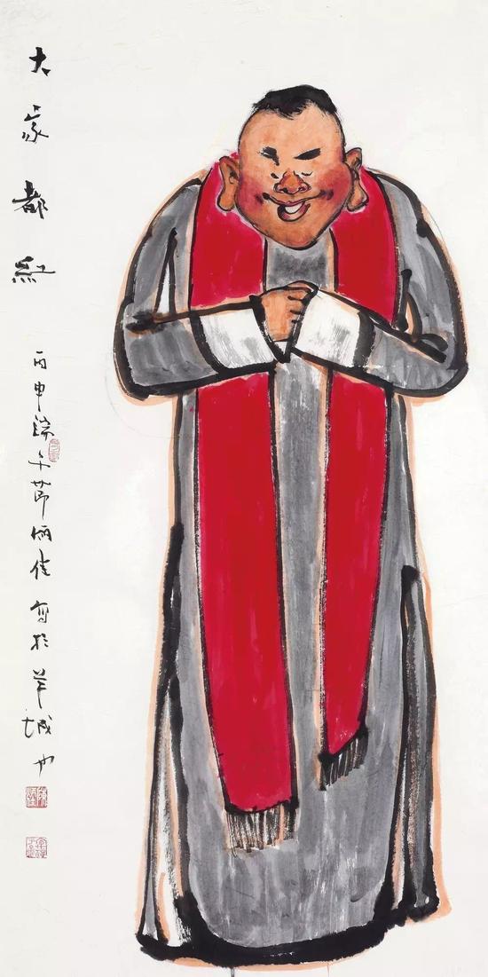 大家都红  设色纸本  137x68cm  2016年